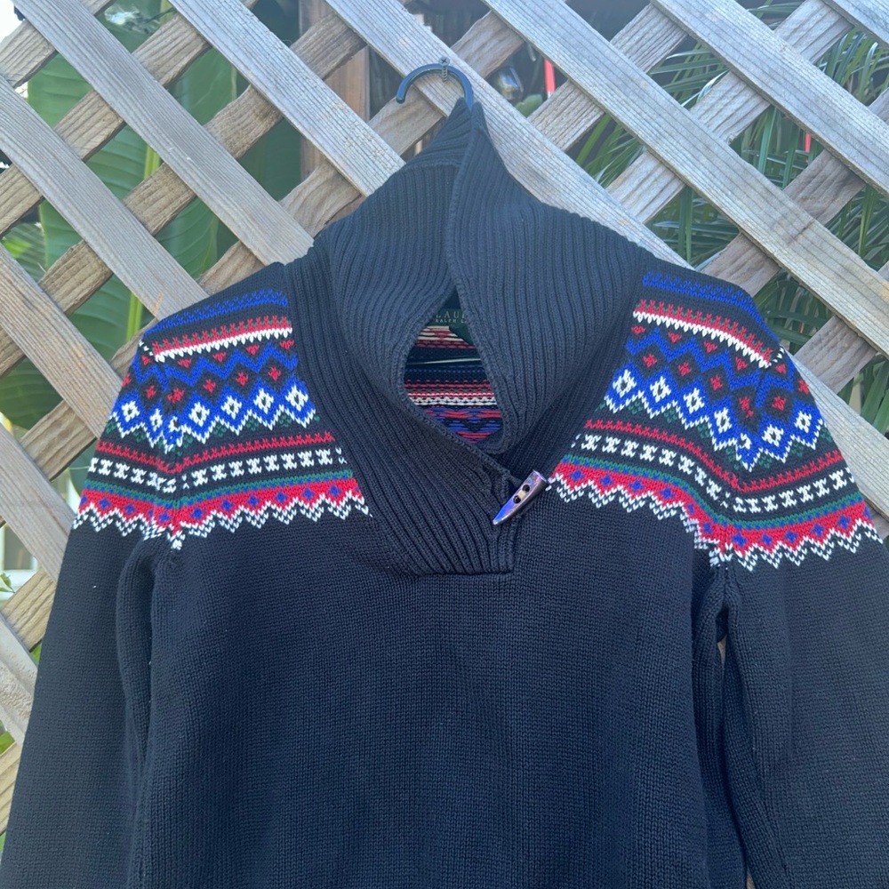 LAUREN RALPH LAUREN Fair Isle Nordic Black Multicolor Shawl Collar Sweater Sz M - Picture 3 of 11